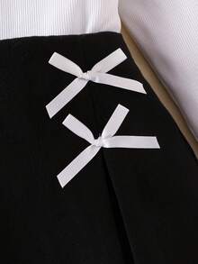 SHEIN Elladie kids 女童可爱黑色罗纹长袖上衣搭配蝴蝶结装饰开衩裙，秋冬T恤套装 - 白色 - 查看 6