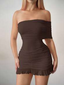 Vestido mini asimétrico ajustado con hombros descubiertos de malla - Marrón - Ver 6