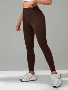 SHEIN Tall 1件套女士休闲纯色高腰紧身裤 - 棕色 - 查看 6