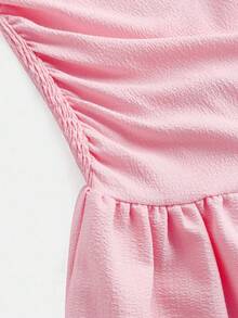 青少年女孩休闲简约舒适褶皱设计无袖泡泡袖连衣裙