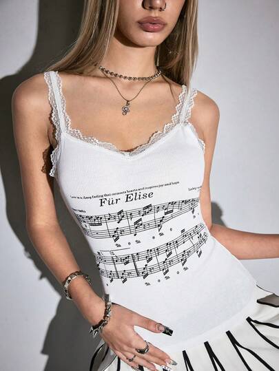 ROMWE Avant Débardeur slim à imprimé note de musique et dentelle contrastante pour femmes