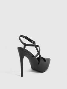 CUCCOO SZL 女士尖头高跟鞋，亮黑色材质，时尚性感夜店派对走秀踝带超高跟鞋 - 黑色 - 查看 8