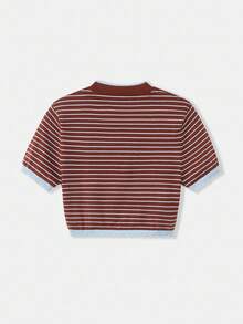 SHEIN Unity Women's Autumn Knitted Two Pieces Set,Camel Blue And White Stripe Contrast Embroidery Round Neck Short Sleeve Casual School Back-To-School Y2K Retro - Multicolor - View 7