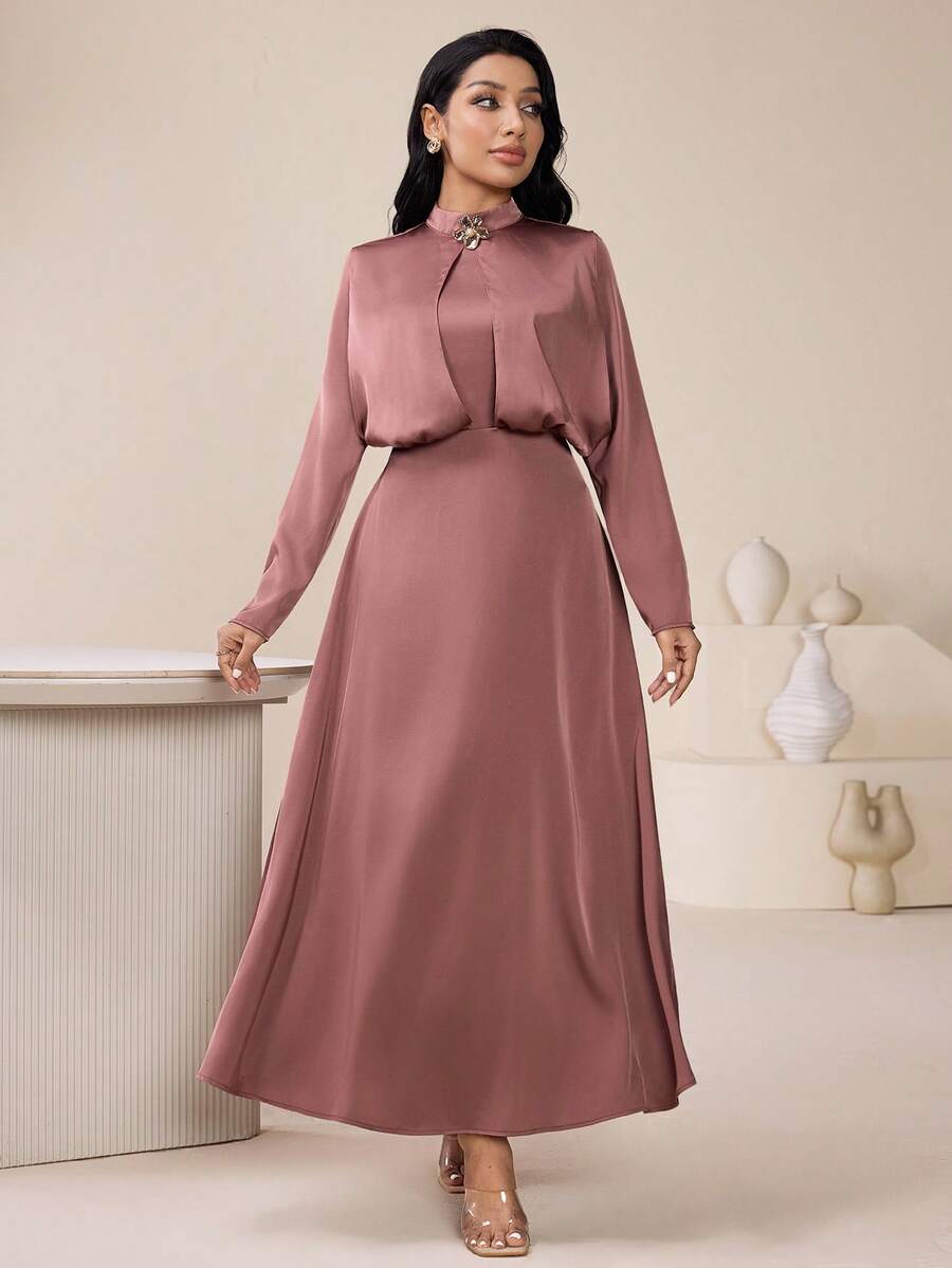 Veilorie Damen einfarbiges minimalistisches Langarm-Abaya-Kleid, Alltagskleidung - Pink - Übersicht 1