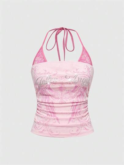 J-Fashion Tenue de concert Y2K pour femmes, Top moulant sans manches 2 en 1 avec imprimé squelette punk et dentelle contrastée