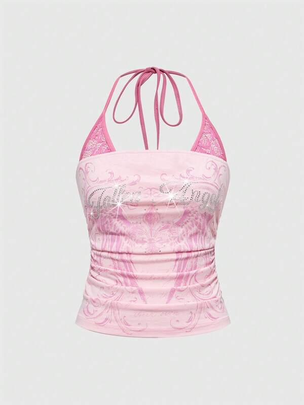 ROMWE J-Fashion Top halter sin mangas de 2 en 1 con estampado de alas y encaje en contraste, estilo punk Y2K