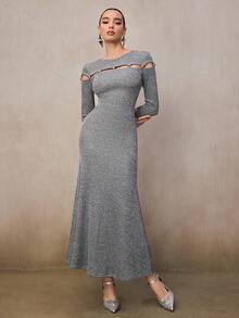 Modelyn Women's Gray Fashion Design Round Neck Long Sleeve Dress - Light Grey - View 4