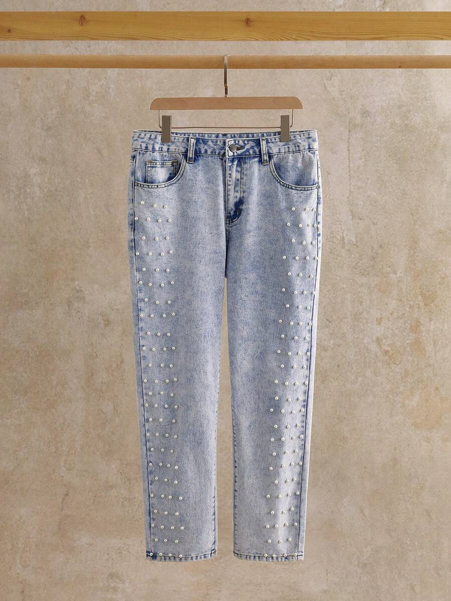 HIMLAND Men's Fashionable Studded Light-Colored Denim Jeans - أزرق فاتح - مشاهدة 1