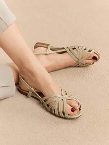 Rosivie 女士方头平底金色 PU 休闲凉鞋，舒适适合户外、沙滩、日常穿着 - 米色 - 查看 6