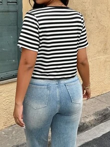 SHEIN LUNE Plus Size Summer Casual Striped Drawstring Short Sleeve T-Shirt - Black and White - View 2