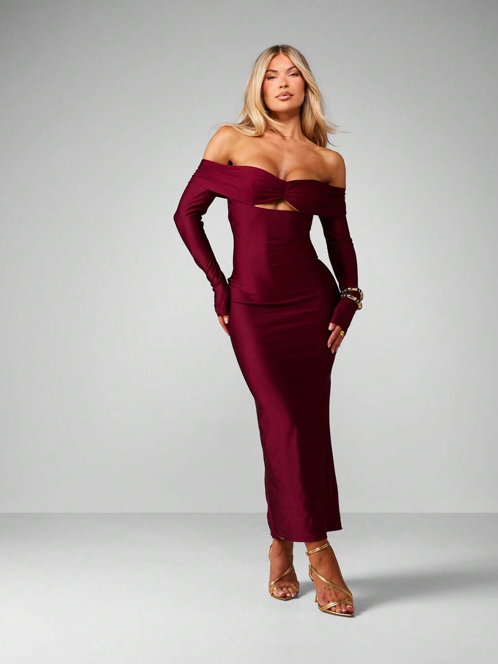 missguided red bodycon dress MISSGUIDED Burgundy Off Shoulder Midaxi Dress With Twisted Front Detail Long Sleeve Bodycon Evening Party Dress Christmas,S