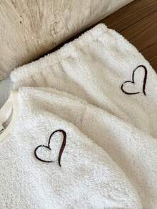 LMoss Kids LMoss  2pcs/Set Young Girl Solid Color Knitted Fleece Embroidered Sweatshirt And Leggings Set,Pull,Winter Clothes,Christmas,Noël,Ensemble,Long Sleeve Top,Ensemble Fille - Beige - View 6