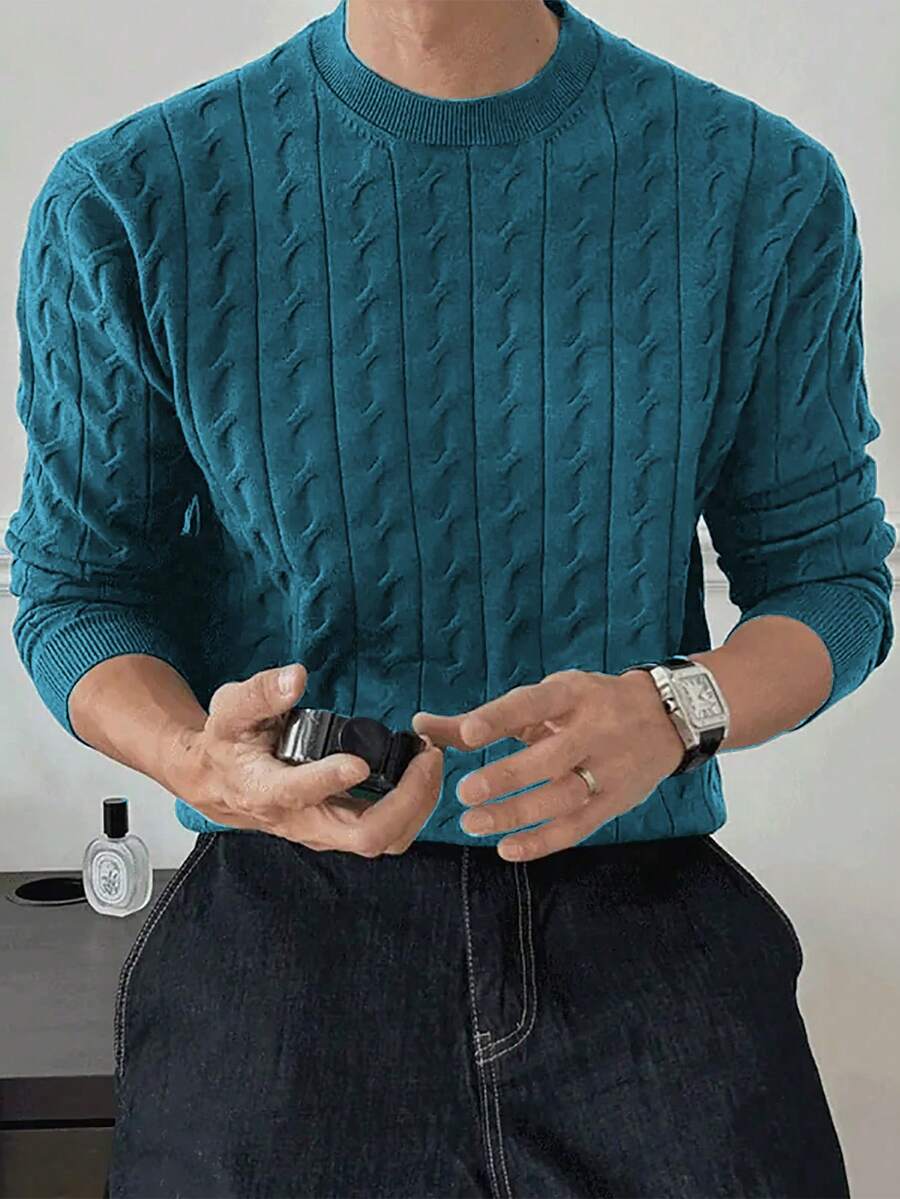 Claim Dot 男士纯色简约圆领长袖针织衫，休闲日常穿着男士麻花针织衫，绿松石色男士毛衣 - 水鴨藍 - 查看 1
