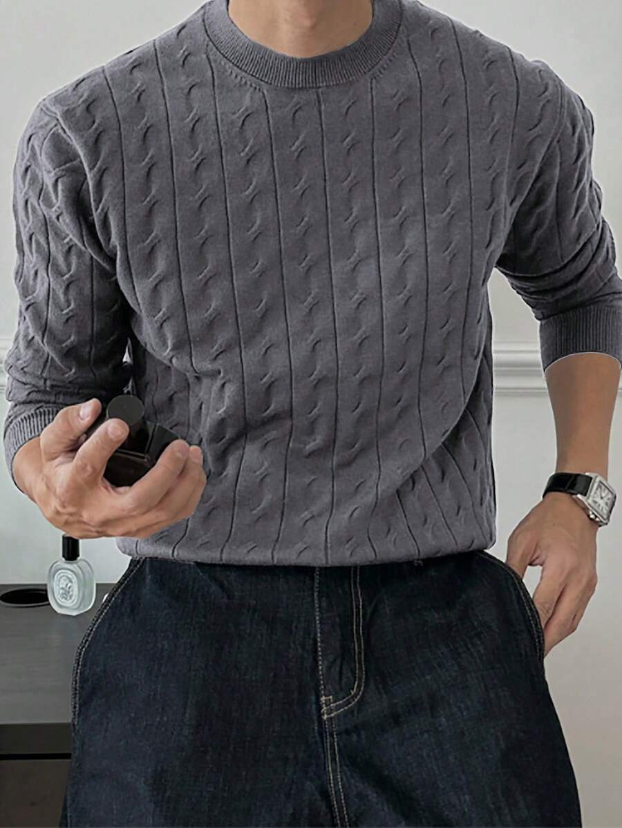 Manfinity Homme Men's Casual Everyday Commute Simple Solid Color Cable Knit Sweater, Autumn/Winter, Long Sleeve Top - Dark Grey - View 1