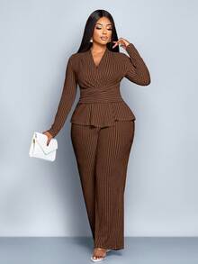 SOLERSUN 大码女装秋冬优雅条纹V领长袖T恤和阔腿裤两件套，不对称下摆两件套，休闲日常穿着，女装冬装女装秋装，包裹性，扭纹，腰带，黑白条纹提花纹理面料，日常穿着，通勤，购物 - 咖啡棕 - 查看 3