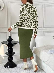SHEIN LUNE Set de 2 piezas de suéter elegante de punto ajustado con estampado de leopardo - Verde - Ver 2