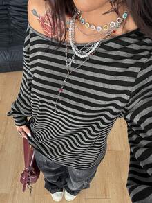 Coolane 女士秋冬街头服饰外出节日复古 Y2K 基本款垃圾摇滚哥特简约条纹弹力露肩长袖 T 恤 - 黑色 - 查看 3