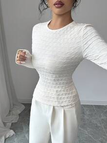 Rafferiza 女士优雅杏色泡泡雪纺针织柔软韩版休闲百搭修身圆领上衣 - 杏色 - 查看 3