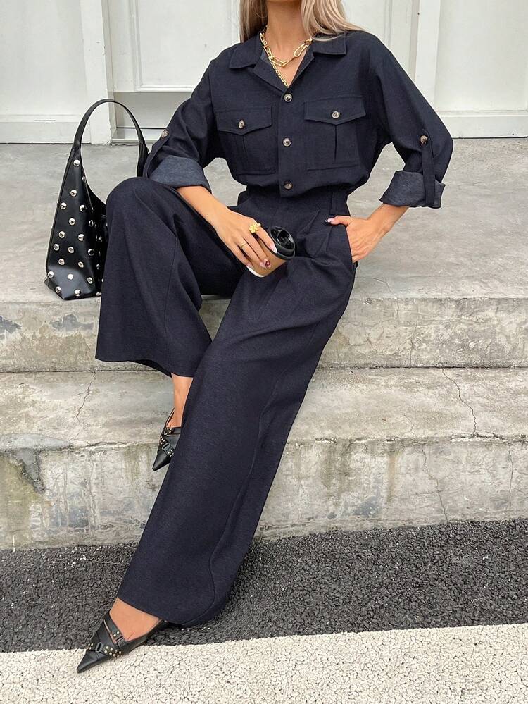Women's Street Style Fashion Long Sleeve Button Jumpsuit Lounge Sets For Women