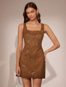 Enchnt Vestido mini sin mangas de ante marrón caramelo con elegantes adornos de flores de strass brillantes, es elegante y con estilo, perfecto para fiestas, citas, vacaciones, graduaciones, la oficina, salidas, Halloween, Navidad y otras ocasiones. Es una opción ideal para vestidos de otoño, conjuntos de otoño, trajes de otoño, carnavales y celebraciones de Año Nuevo para mujeres. - Marrón - Ver 4