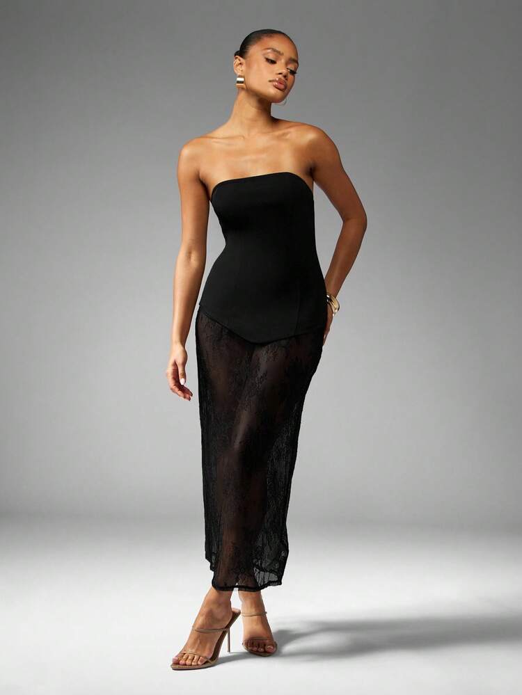 MISSGUIDED Abito lungo da sera elegante con corpetto a fascia senza spalline, in pizzo trasparente, silhouette aderente e formale per feste