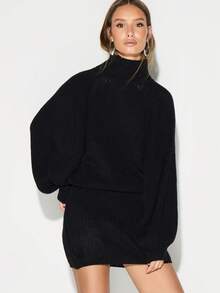 KIZN 高领长袖粗针织毛衣连衣裙迷你长款冬季秋季舒适套头衫 - 黑色 - 查看 1