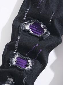 Manfinity Homme 男士修身破洞口袋休闲牛仔裤 男士破洞牛仔裤 街头潮流牛仔裤