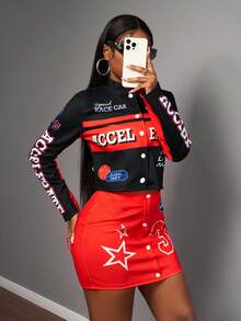 Slaydiva 2025 Winter, New Style, New Year, Valentine's Day, Party, Evening Gathering, Date, Gathering, Birthday Party, Preppy Style, Student Wear, Everyday Outing, Basic Versatile, Casual, Cruise Travel, Influencer Hot Style, Elegant, Commuter, Business Casual, Sexy Club, Y2K, Punk Racing, Girly Cool Motorcycle Style, Small Stand Collar Long Sleeve Letter Print Jacket + Tank Top + Mini Skirt, Winter Set, Christmas Set, New Year Set, Women's Three-Piece Set