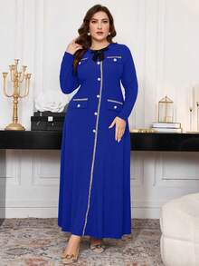 Modelyn Plus Size Ribbed Bowknot Decor A-Line Long Sleeve Casual Dress Suitable For Spring And Autumn Maxi Women Outfit Long Evening Dresses - Blue - View 1
