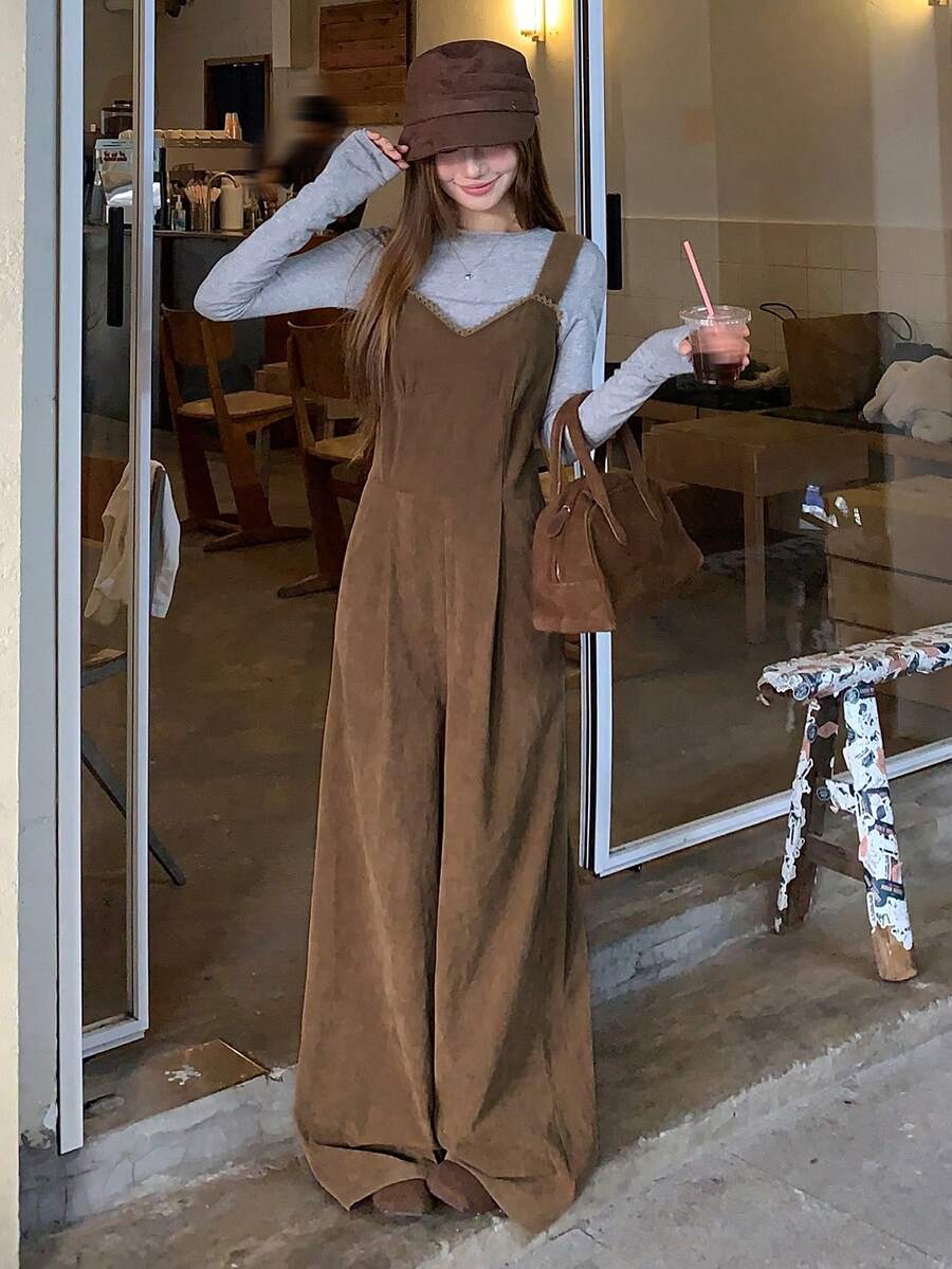 DAZY 女士宽松灯芯绒吊带阔腿裤，休闲优雅，秋冬 - 棕色 - 查看 1