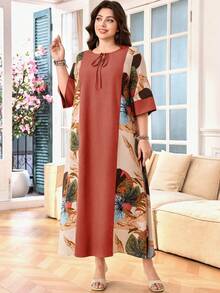 SHEIN Lacomfia 大码女式阿拉伯风格宽松休闲连衣裙，圆领，系腰，七分袖，拼接 - 彩色 - 查看 5