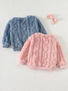 Cozy Pixies 2件套女婴蝴蝶图案保暖内衬圆领长袖卫衣套装，适合冬季女婴穿着，包括冬季服装、冬季毛衣、套头衫、春秋季服装和秋季毛衣。 - 粉色 - 查看 2