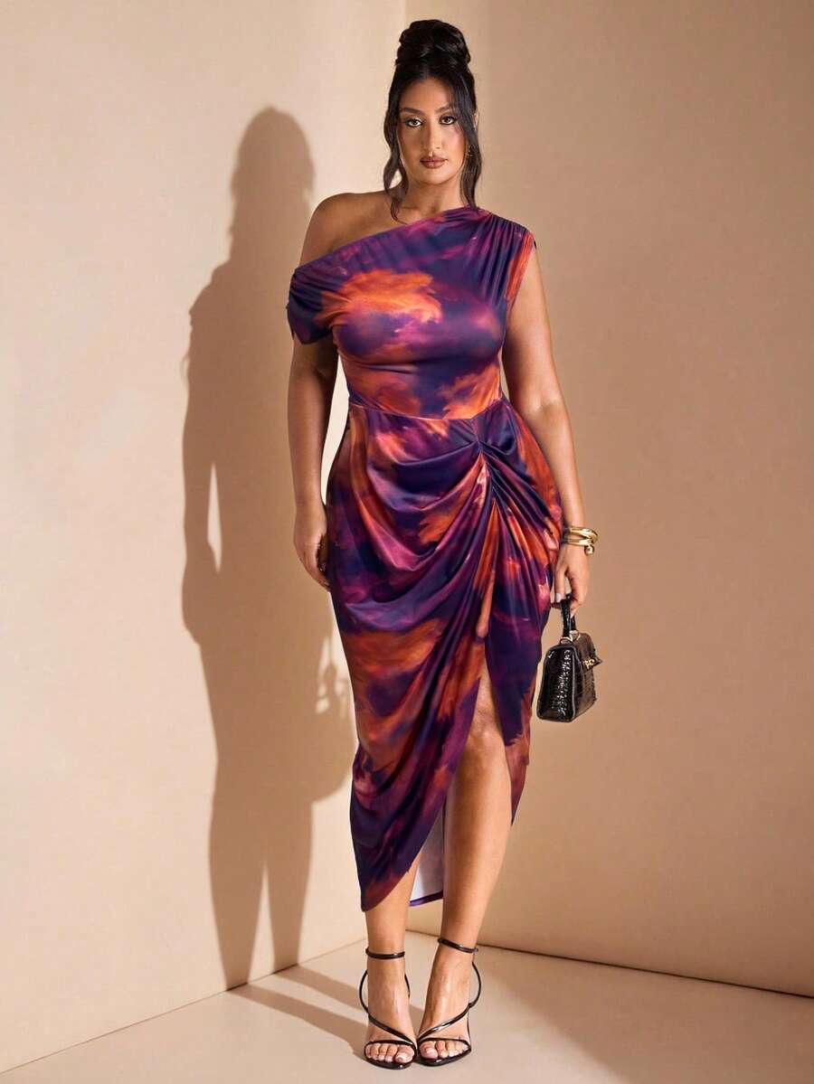 SHEIN BAE Váy midi xẻ tà, váy tốt nghiệp, váy sinh nhật cho nữ, váy in họa tiết tie-dye xẻ tà màu, váy dự tiệc cưới - Nhiều màu - Xem 1
