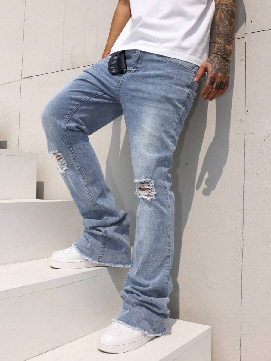 Manfinity Homme Quần jeans ống loe ống rộng, rách gấu dành cho nam - Rửa nhẹ - Xem 1