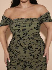 SHEIN BAE Plus Size Olive Green Summer Elegant Women Off Shoulder Ruched Midi Dress, Floral All-Over Print Flocked Wedding Guest Birthday Party Clothes - Army Green - View 6