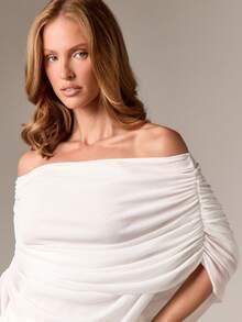 AiiRZ Áo trễ vai nhún bèo Thiết kế hiện đại Cổ rộng Không đối xứng Chi tiết xếp ly bên hông Áo dự tiệc tối mùa hè giản dị Thiết kế tối giản thanh lịch Hình bóng nữ tính - trắng - Xem 4