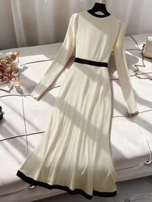 Franclia 女士优雅圆领黑色滚边长袖修身长款保暖加厚连衣裙打底衫 女士感恩节服装 抓绒连衣裙 女士秋冬打底衫 秋冬女装 - 杏色 - 查看 2