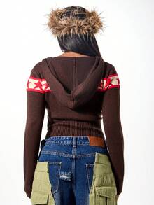 SUMWON WOMEN 连帽拉链针织开衫，星形图案，罗纹腰带，短款剪裁 - 彩色 - 查看 2