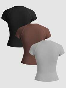 Velisys Minimalist Solid Color Fitted Seamless Short Sleeve Sports T-Shirt 3 Packs Tops - Multicolor - View 2