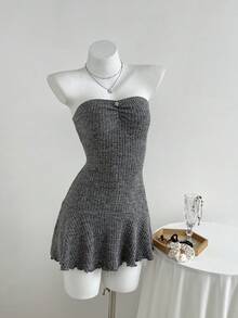 Elamini 2 件套女士秋冬时尚外套柔软拉绒罗纹面料长袖上衣和褶皱腰迷你连衣裙套装，适合外出和派对