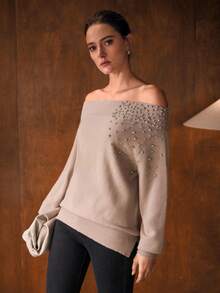 MOTF PREMIUM Fashionable & Elegant Off Shoulder Rhinestone Decorated Sweater, Autumn/Winter