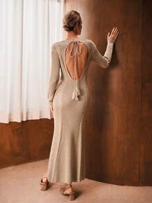 MOTF PREMIUM Elegante vestido de punto largo con cuello redondo y espalda descubierta, para otoño/invierno - Caqui - Ver 2