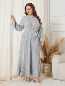 Lacomfia 大码女式针织长袖圆领休闲长裙，秋冬 - 灰色 - 查看 4