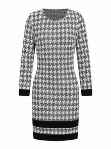 Ellevyn Women's Elegant Houndstooth Knit Round Neck Long Sleeve Fitted Versatile Midi Dress,Winter Clothes Elegant, Winter Dresses For Women
