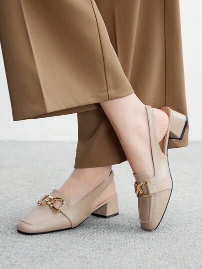 CUCCOO BIZCHIC Almond Square Toe Chunky Heel Metal Buckle Strap Slingback Pumps, Fashionable Minimalist High Heels For Women, Suitable For Vacation, Commute, Retro Style For Christmas Spring Shoes