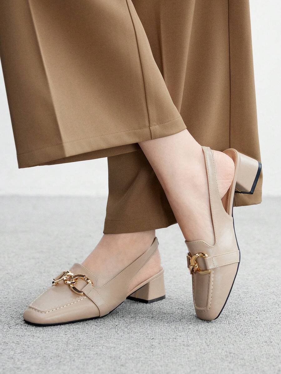 CUCCOO BIZCHIC 杏仁形方头粗跟金属扣带露跟高跟鞋，时尚简约女士高跟鞋，适合度假、通勤、复古风格 - 杏色 - 查看 1