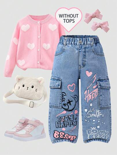 SHEIN Playful Pals 1 pieza Pantalones cargo de pierna ancha de mezclilla para niña, moda casual y urbana con diseño lindo de corazón rosa y estampado en inglés, con bolsillos laterales al estilo cargo, cintura elástica cómoda, corte holgado