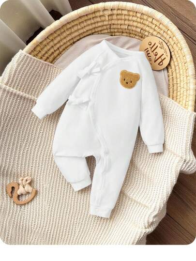 SHEIN Baby Girl Newborn Infant Unisex Long Sleeve Homewear With Bear Print And Bow For Fall White