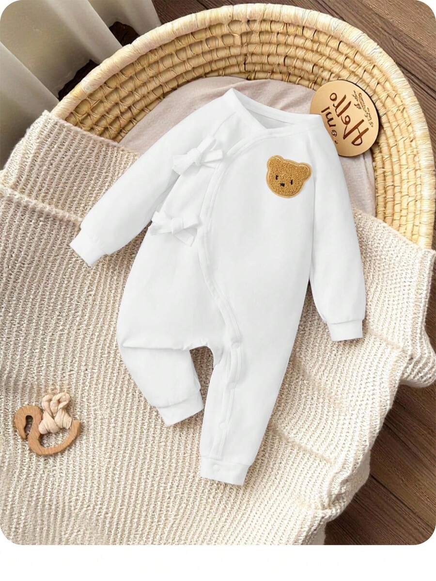 SHEIN Baby Girl Newborn Infant Unisex Long Sleeve Homewear With Bear Print And Bow For Fall White - White - View 1