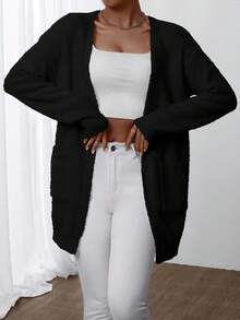 EMERY ROSE 女式纯色 V 领口袋不对称开衫 - 黑色 - 查看 5